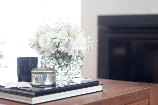 Coffee table living room decoration with white flowers