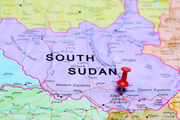 Juba pinned on a map of Africa Photo of pinned Juba on a map of Africa. May be used as illustration for traveling theme. south sudan stock pictures, royalty-free photos & images