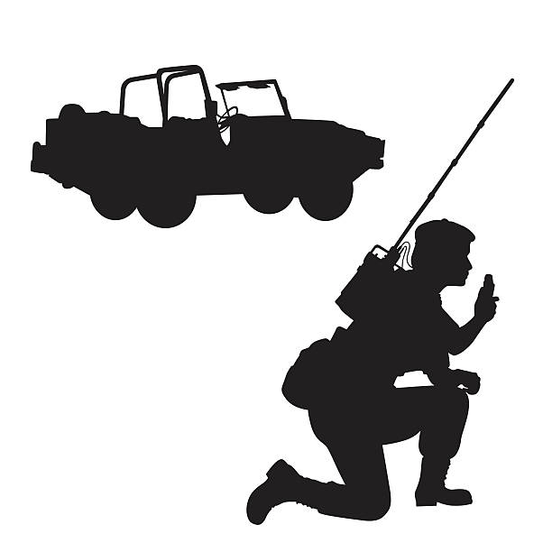 Peace Keeper A vector silhouette illustration of military personelle crouched speaching on a radio with an antena on their back.  A military jeep in the the background. radio silhouettes stock illustrations