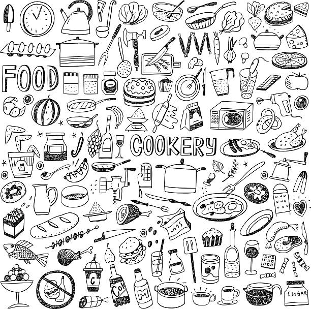 food cookery doodles cookery - set icons in sketch style , design elements kitchen drawings stock illustrations