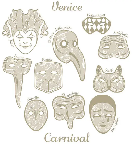Vector illustration of vector set of Venetian carnival masks