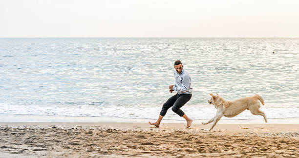 istock Man and his dog running a beach 502329190