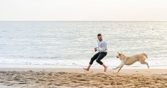 Man and his dog running a beach and pier sunset.
