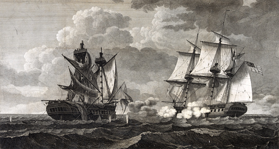 This engraving depicts a naval battle scene during the War of 1812.