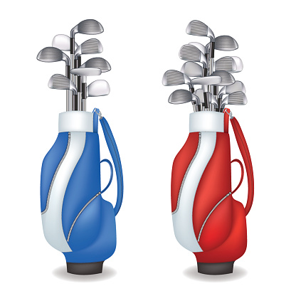 Red and Blue Golf Bags filled with clubs.