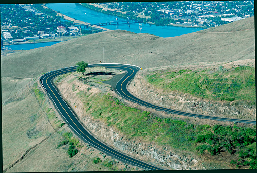 Old Lewiston grade from plateau down long hill to Lewiston ID and Clarkston WA on Snake and Clearwater Rivers