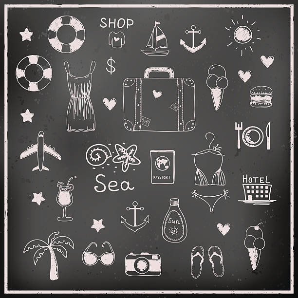 ilustraciones, imágenes clip art, dibujos animados e iconos de stock de conjunto de elementos de vector de pizarra de tiza viajes - backgrounds blackboard education environment