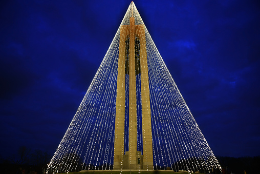The Deeds Carillon Bell Tower, Dayton, Ohio, decorated with 20,000 white Christmas lights by \