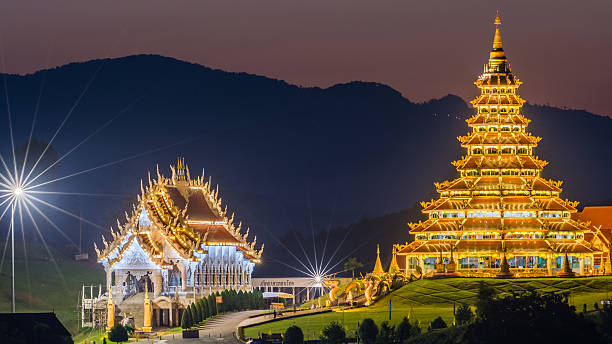 istock Chinese temple, wat huay pla kang at sunset time 502348704