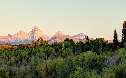 A view of the majestic Teton range, seen from the western or Idaho side.