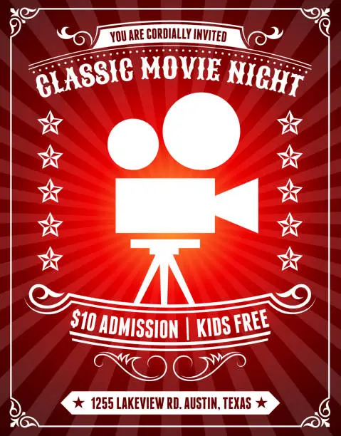 Vector illustration of Classic Movie Night Poster on Red Background