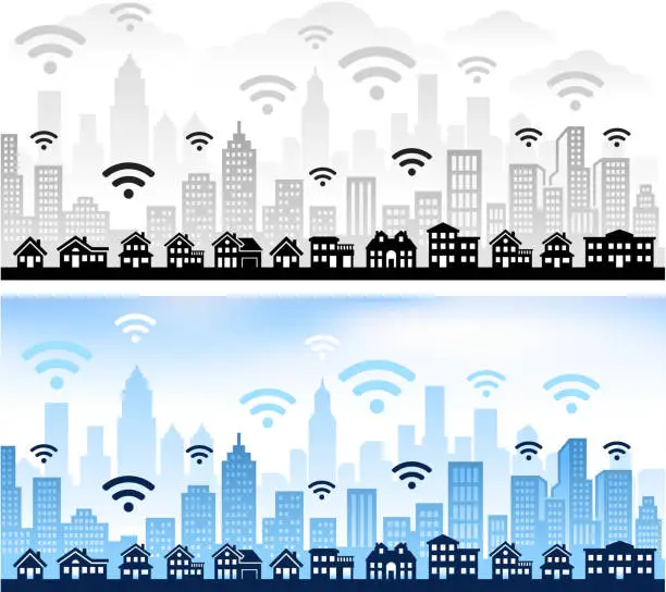 Vector illustration of Wi-Fi panoramic city skyline Color Set