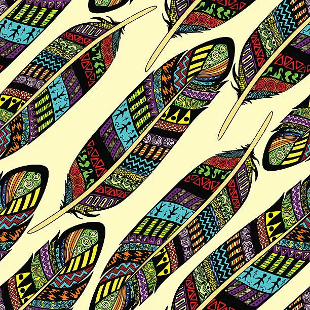 Vector illustration of Vector seamless pattern with etno ornate colorful feathers