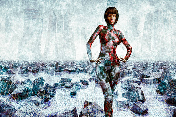Futuristic cyborg standing in front of distant cityscape.