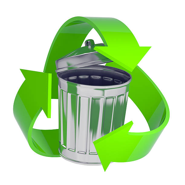 istock 3d Steel trash can with recycle symbol 502353167
