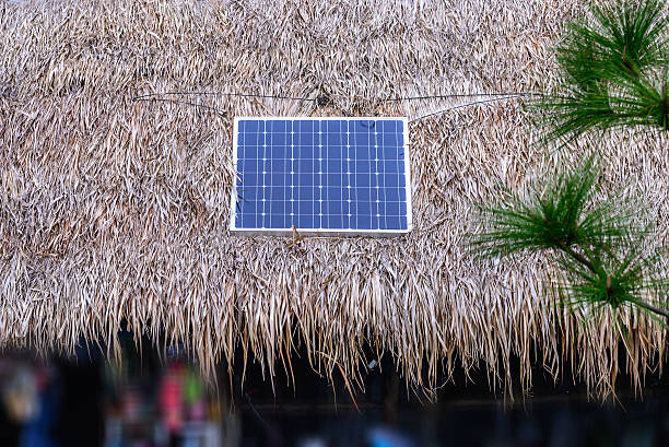 istock Solar cell on thatched roof for energy in forest. 502354412