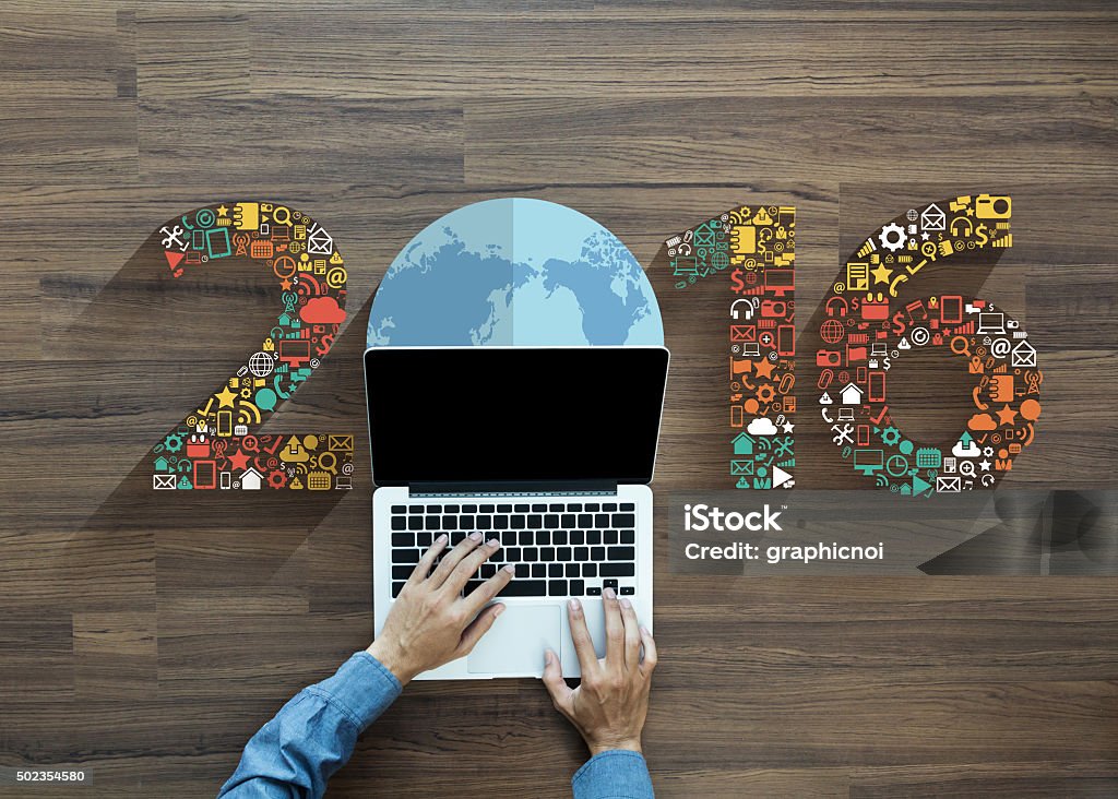 new year 2016 business innovation technology set application icons 2016 new year business innovation technology set application icons, With businessman working on laptop computer PC, view from above 2015 Stock Photo