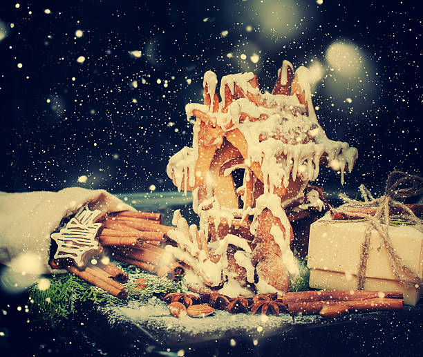 Gingerbread House on the Dark Bbackground. Christmas card