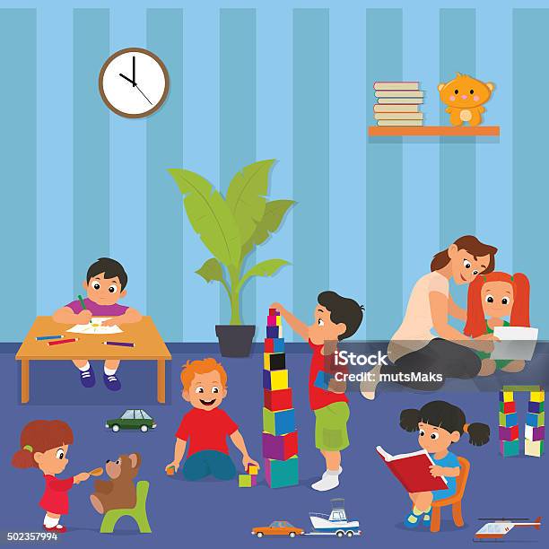 Children Playing In Kinder Garden Stock Illustration - Download Image Now - Indoors, Preschool, Schoolyard