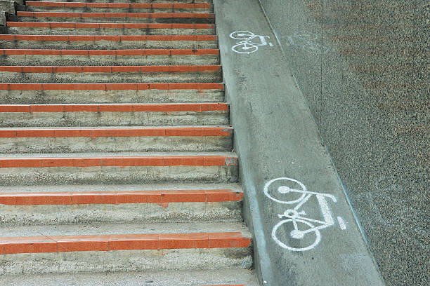 Bicycle staircase track signs in the modern cityBicycle staircase track signs in the modern city