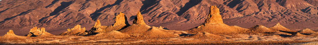 Panorama of the Trona Pinnacles during the setting sun, Searles Valley, Winter, USA.