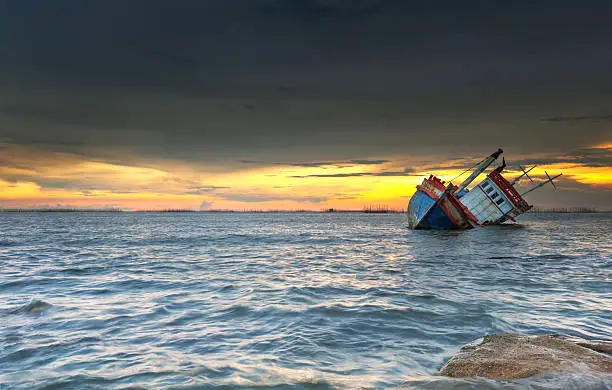 ship wrecked at sunset in Chonburi ,Thailand