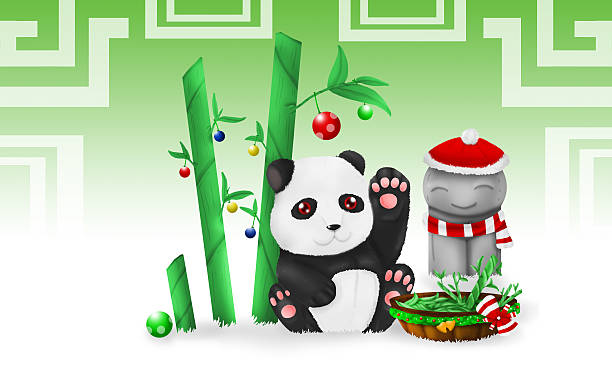 ilustraciones, imágenes clip art, dibujos animados e iconos de stock de panda con su fiesta de navidad - bamboo bamboo shoot pattern backgrounds