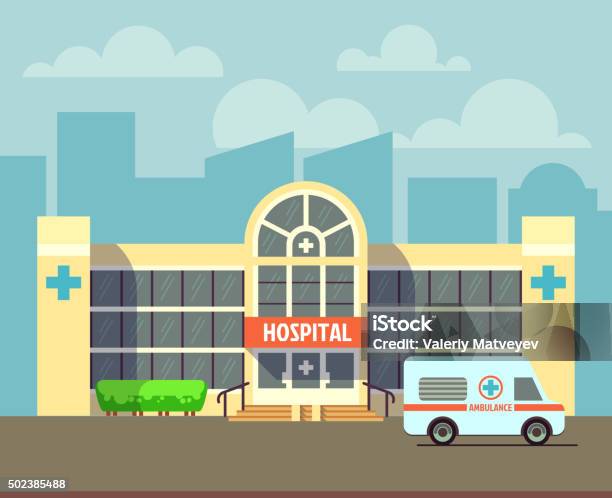 Vector City Hospital Building In Flat Design Style Stock Illustration - Download Image Now - 2015, Accidents and Disasters, Ambulance