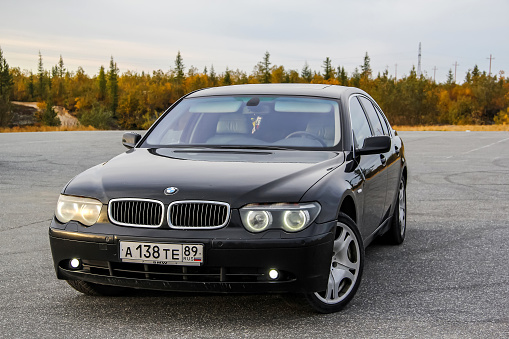 Novyy Urengoy, Russia - August 30, 2015: Motor car BMW E65 745i is parked at the asphalted square.