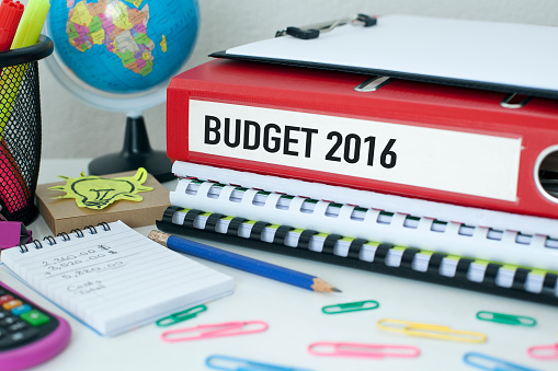 Budget for new year 2016, business financial concept with file on desk in office.