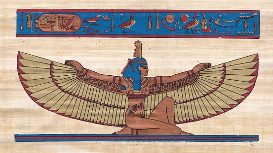 Scene from egyptian mythology. Maat goddes of order and truth.