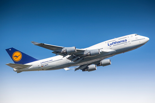 Frankfurt, Germany - June 3, 2010: Lufthansa Boeing 747-400 taking off from Frankfurt International Airport.