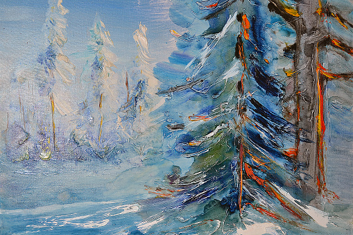 Pine trees in snow, contemporary art