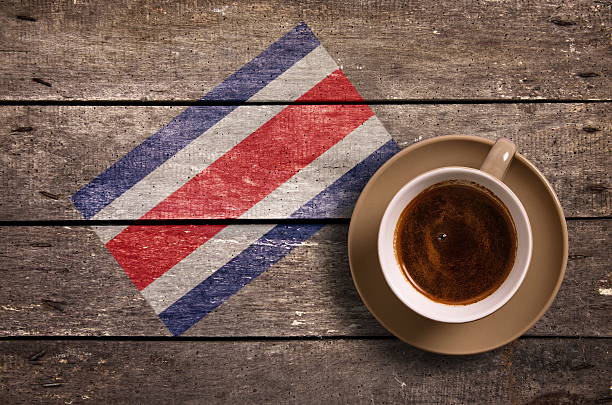 Costa Rica flag with coffee on table. top view
