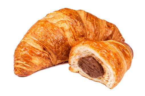 Fresh Croissant with chocolate filling isolated on white background