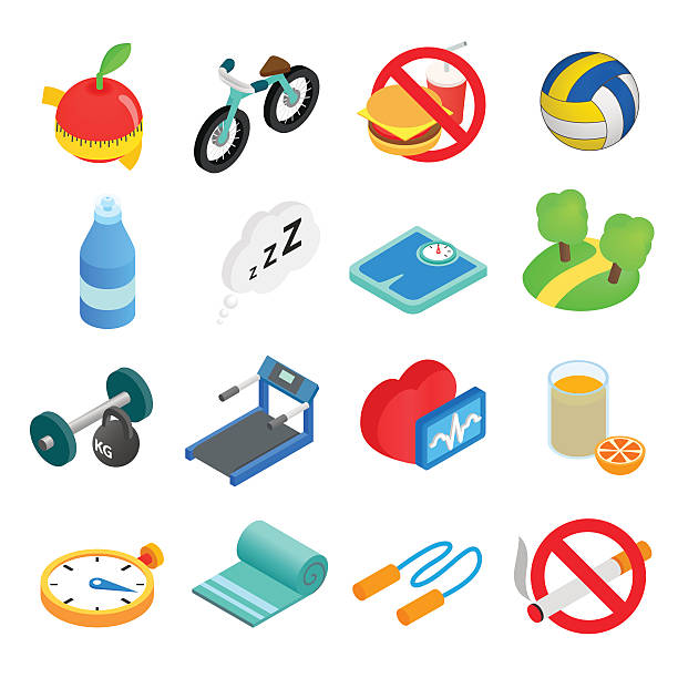Healthy lifestyle isometric icons Healthy lifestyle isometric 3d icons. Fitness set isolated on white background shot apple stock illustrations