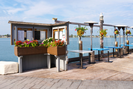 San Diego, USA - July 18, 2012: The Pier Cafe restaurant in Seaport Village, popular with locals and tourists alike.