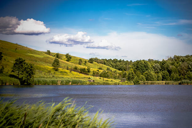 Summer rural landscape with the lake, rolling hills, trees and blue sky. Spring summer background.
