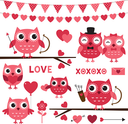 Pink vector Valentine owls and romantic decoration set