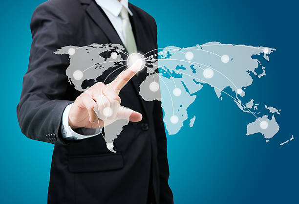 istock Businessman standing posture hand touch Earth icon isolated 502418999