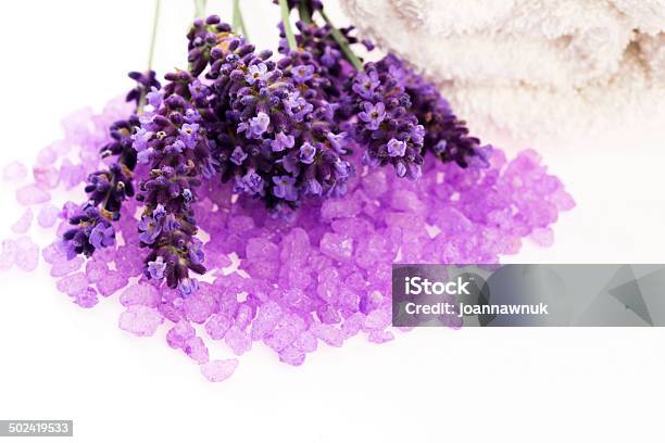Lavender Flowers And The Bath Salt Beauty Treatment Stock Photo - Download Image Now