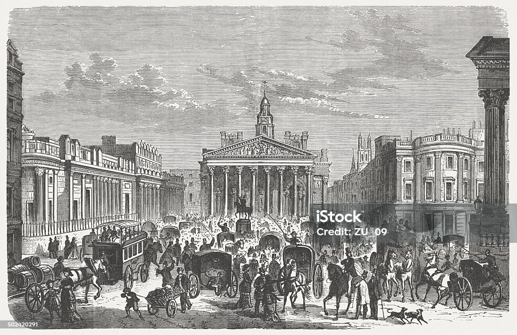 London, Royal Exchange in 19th century, wood engraving, published 1880 Road traffic in London, 19th century. In the background the Bank of England, Royal Exchange. Wood engraving, published in 1880. Industrial Revolution stock illustration