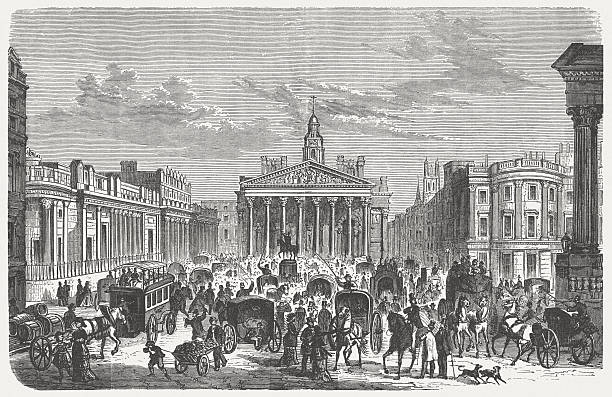 London, Royal Exchange in 19th century, wood engraving, published 1880 Road traffic in London, 19th century. In the background the Bank of England, Royal Exchange. Wood engraving, published in 1880. dealing room photos stock illustrations