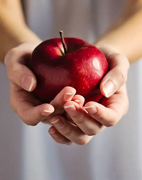 Hands with red apple. Snow White fairy tale.