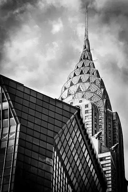 A black and White low perspective photograph of the Chrysler Building, Manhattan, New York