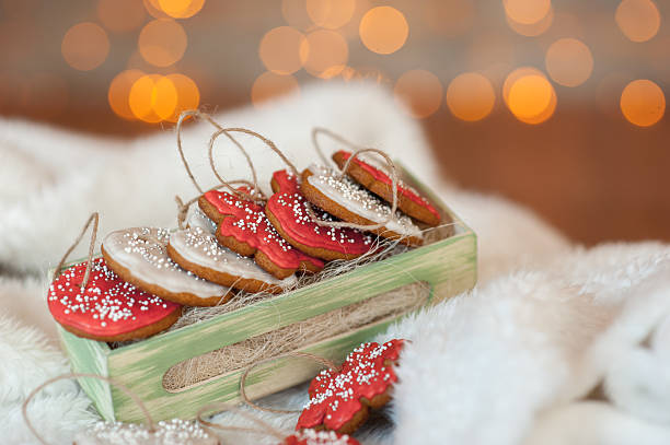 Gingerbread cookies in box on a white fur background