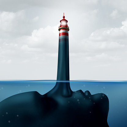 Mislead and misleading business concept as a human face under water with a liar nose protruding out shaped as a shinning beacon lighthouse providing false guidance and fraudulent advice.