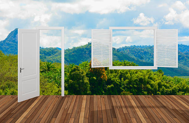 istock Landscape behind the opening door and window,3D 502422927