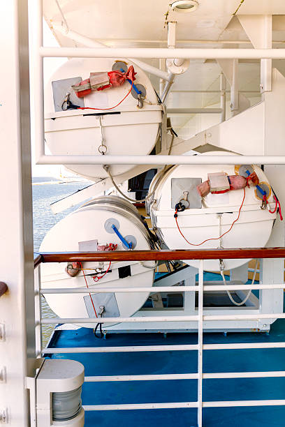istock Ship lifeboats or liferafts in racks ready for emergency 502422977