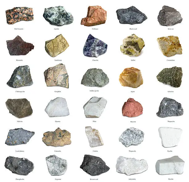 Collection of minerals. Iron ore, sandstone, apatite, quartz, bauxite, limonite, phosphorite, magnesite, gypsum, agate, asbestos, marble, corundum, kaolin and other minerals.